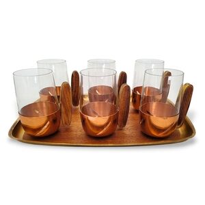 Vintage 1970s German Copper Teak Glass Set (6 pcs + Tray)